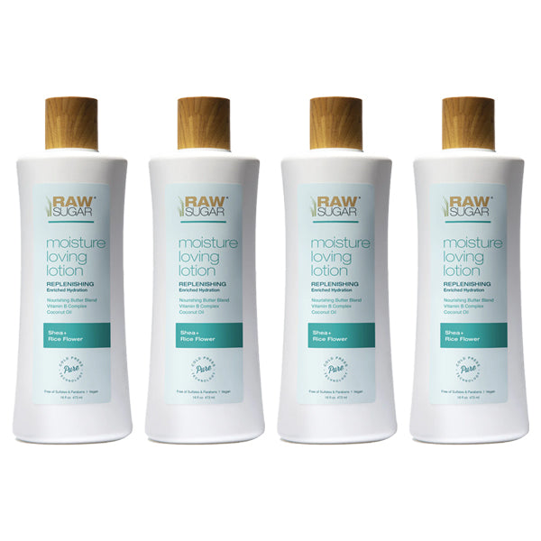 A 4 Pack of Raw Sugar Moisture Loving Lotion Shea + Rice Flower 16oz bottles, featuring white packaging and wooden-look caps, is displayed in a row against a white background.